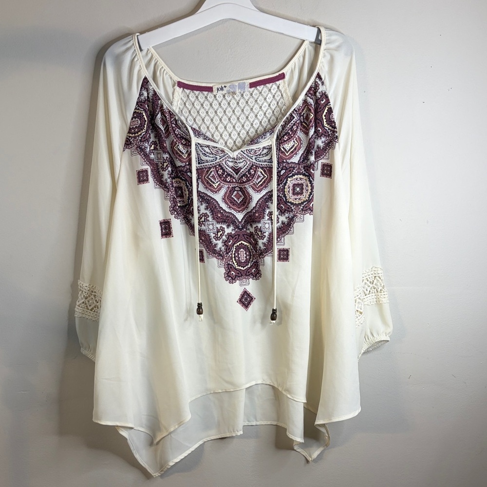 Jolt Boho Crochet Lace Peasant Blouse Cream Purple XL #15